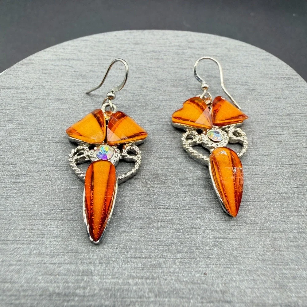 Orange Crystal Rhinestone Silver Tone Dangle Earrings Statement Boho Festival